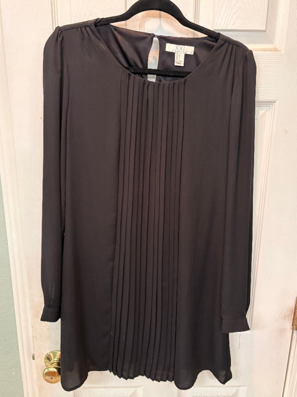 Forever 21 XXI Essentials Black Pleated Front Long Sleeve Tunic Dress Size L